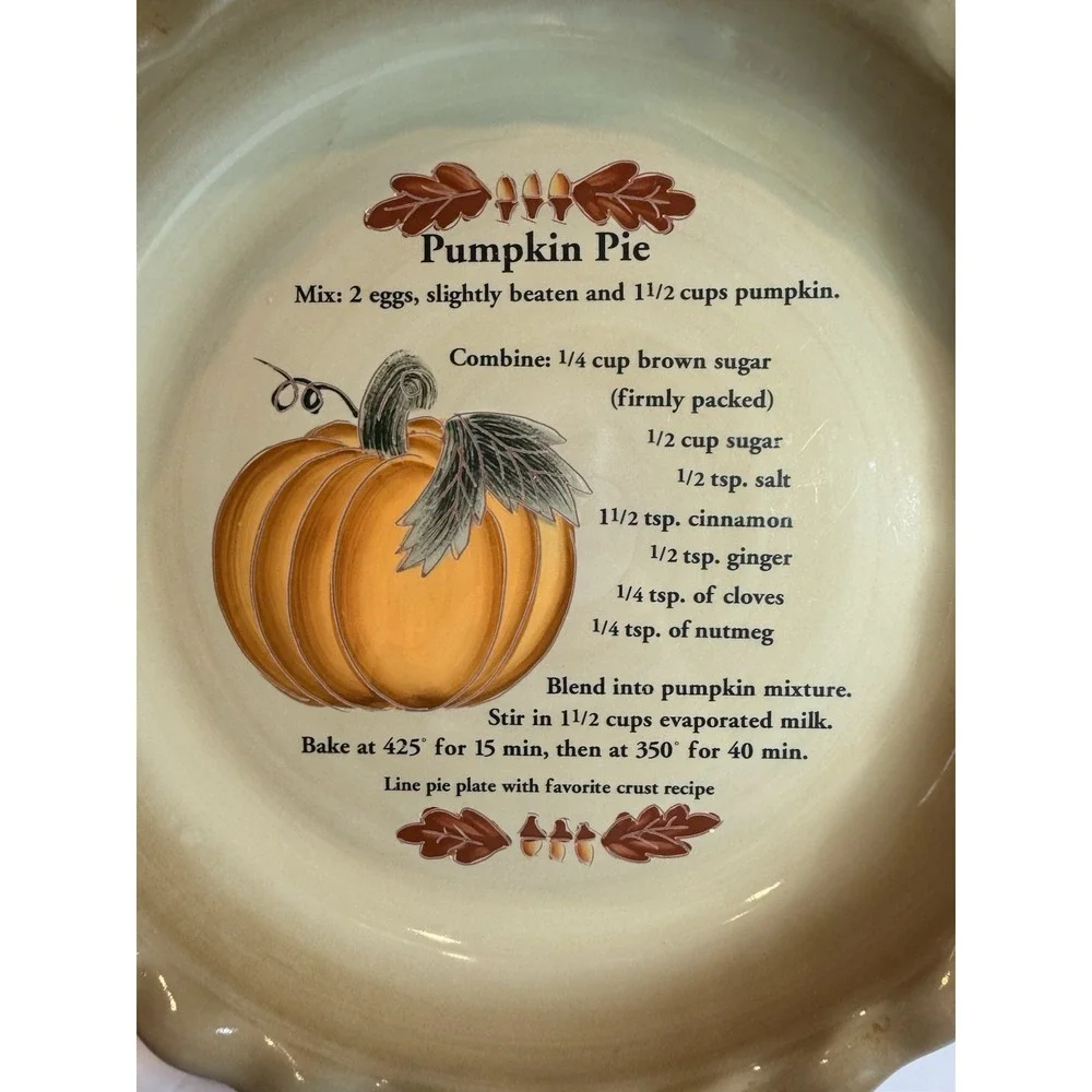Harvest 2004 Pumpkin Pie Recipe Stoneware Pie Plate 11